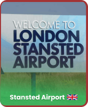 Welcome sign at London Stansted Airport, featuring modern design and vibrant colors, inviting travelers to the city.