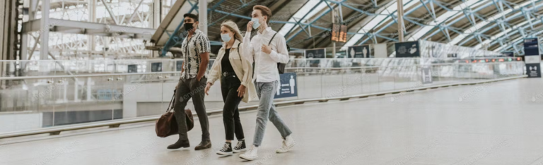 Three individuals walking together through an airport terminal, carrying luggage and navigating the busy environment.