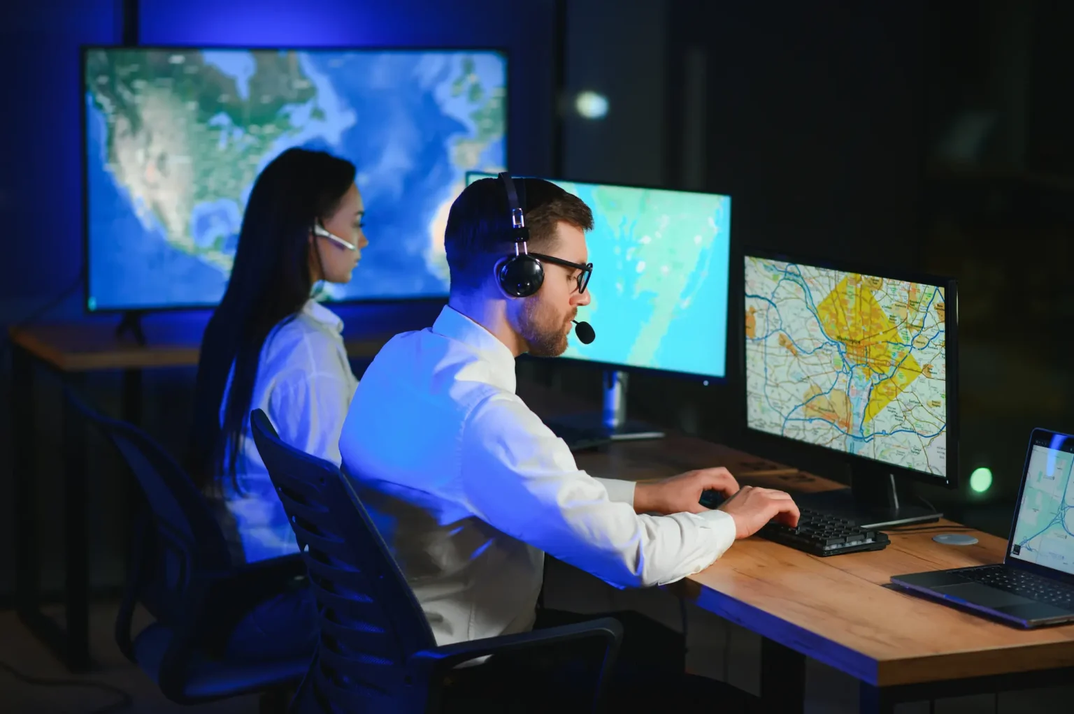 Two individuals engaged in a virtual meeting, wearing headsets and focused on their computer screens.