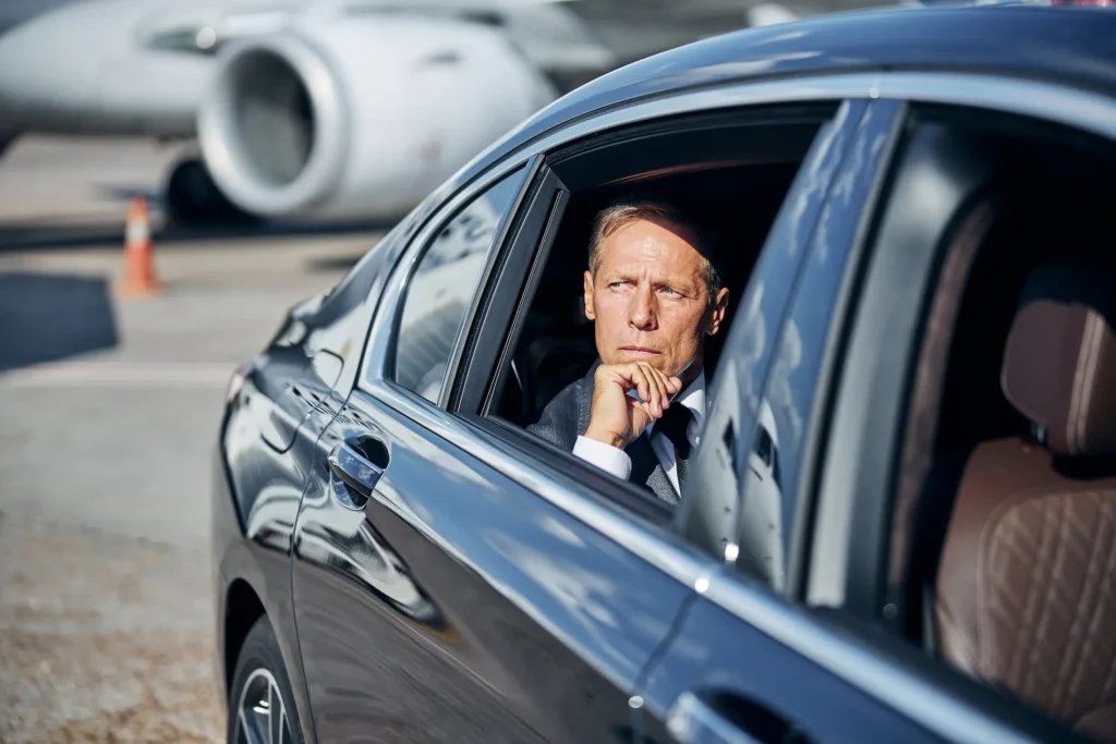 A man in a suit and tie seated in the back of a car, exuding professionalism and poise.