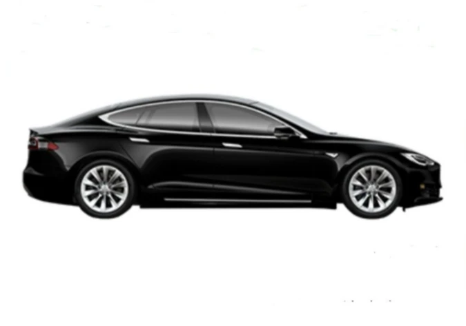 A black Tesla Model S displayed prominently against a clean white background.