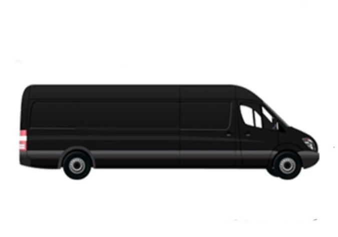 A black van is displayed prominently against a clean white background.