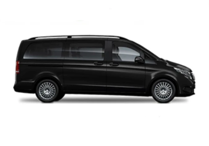 A sleek black Mercedes V-Class displayed prominently, showcasing its elegant design and luxurious features.