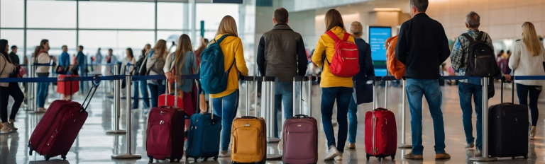 People waiting in line with luggage at an airport, preparing for check-in or boarding their flights.