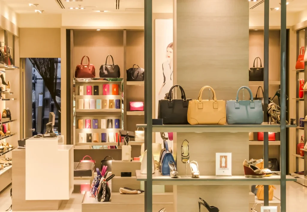 A brightly lit luxury boutique inside a Heathrow Airport terminal, showcasing designer handbags, wallets, and high-end high heels on sleek modern shelves.