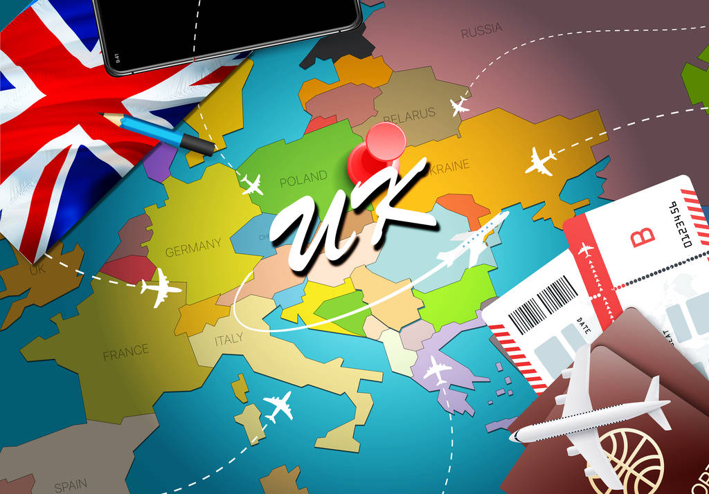 UK travel concept map background with planes,tickets. Visit UK travel and tourism destination concept. UK flag on map. Planes and flights to United Kingdom holidays to London,Glasgow