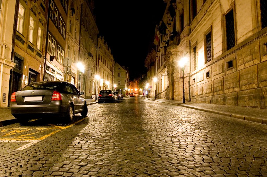 Old streets of Prague at night.