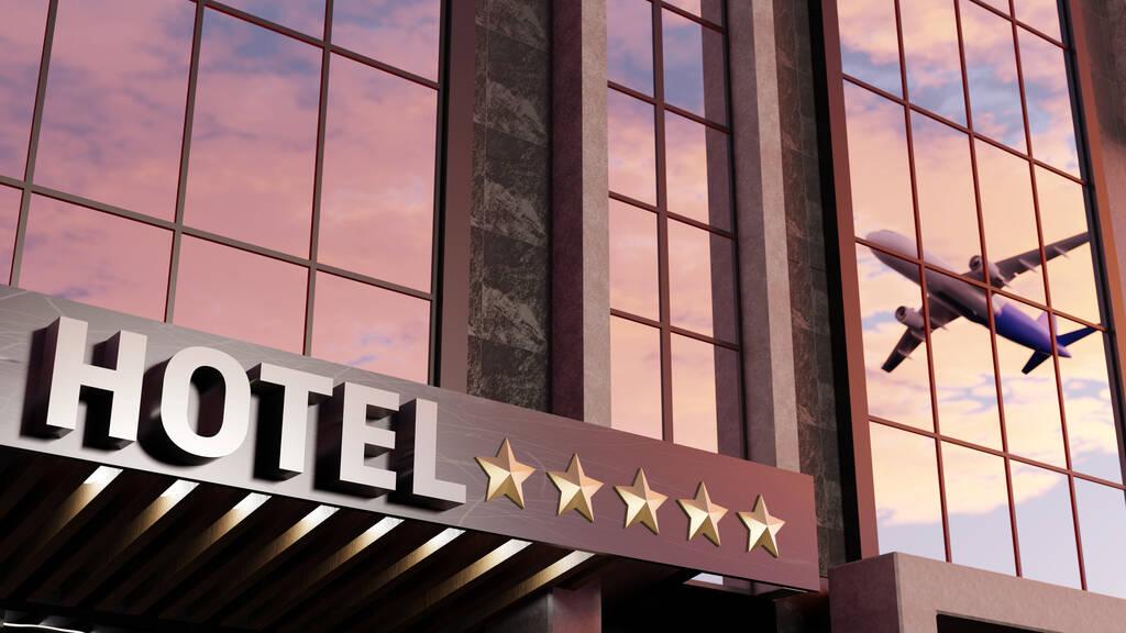 Glass facade aeroplane is shown in the window reflection