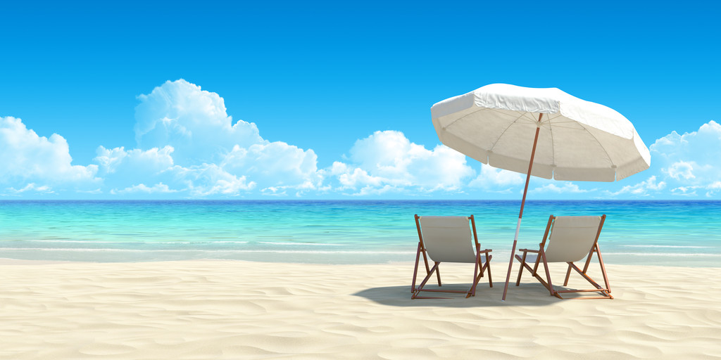 Beach chair and umbrella on sand beach. Concept for rest, relaxation, holidays, spa, resort.