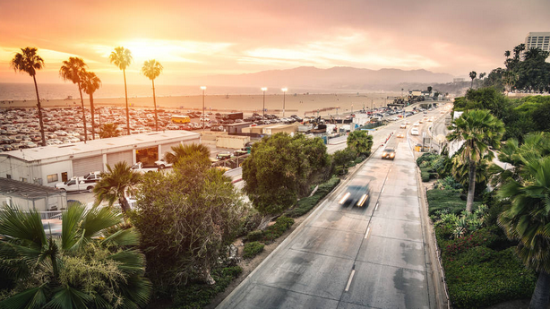 Aerial view of Ocean Ave freeway in Santa Monica beach