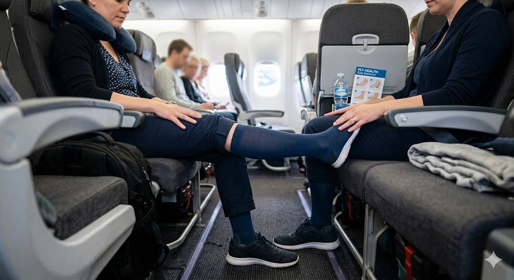 A passenger wearing compression socks on an airplane to prevent leg swelling during a long flight.