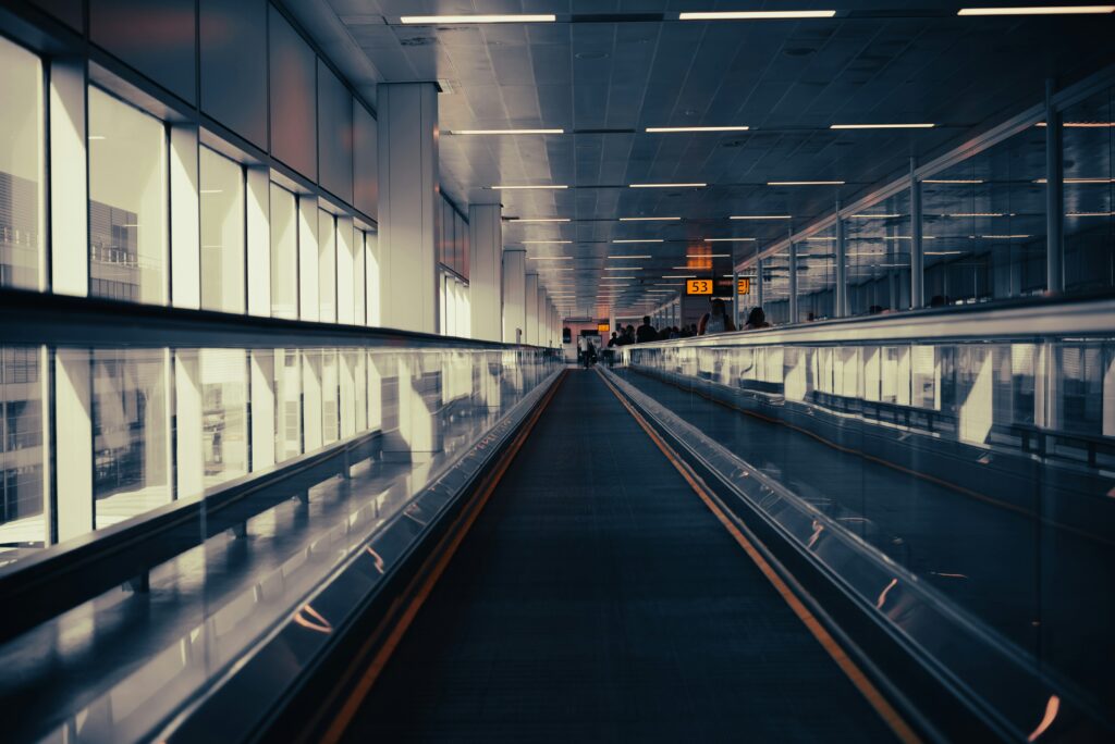 Gatwick Airport terminal entrance with smoking area located outside before security